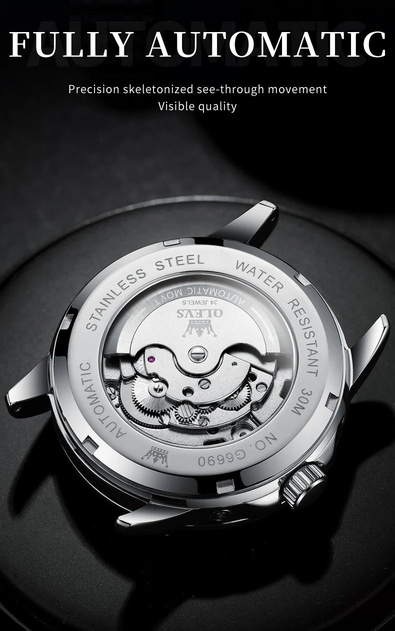 OLEVS 6689 Automatic Watch for Men Starry Sky Tourbillon Design Moon Phase Date Stainless steel Luminous Waterproof Wristwatch