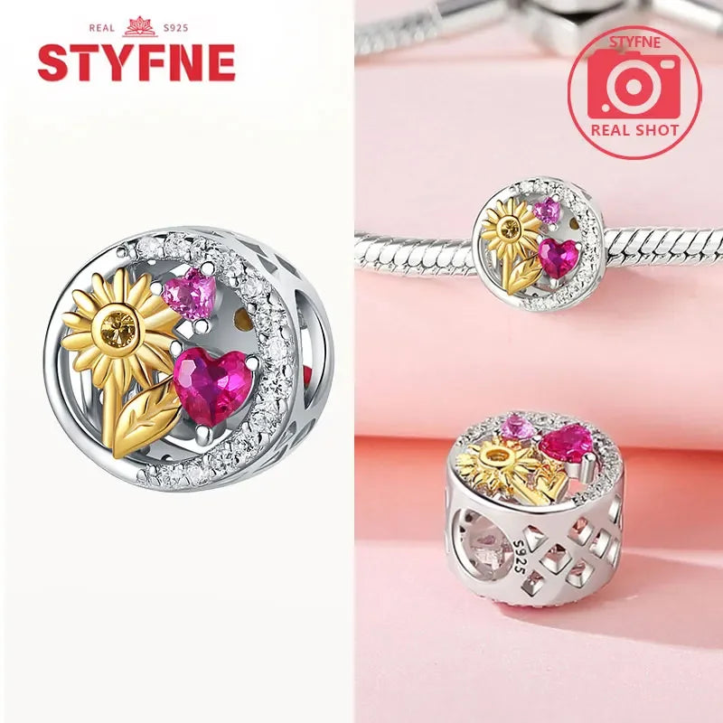 925 Silver Rose Pink Flower Shiny Zircon Charm Beads For Original Charms Original Bracelet for Women DIY fine Jewelry Gift