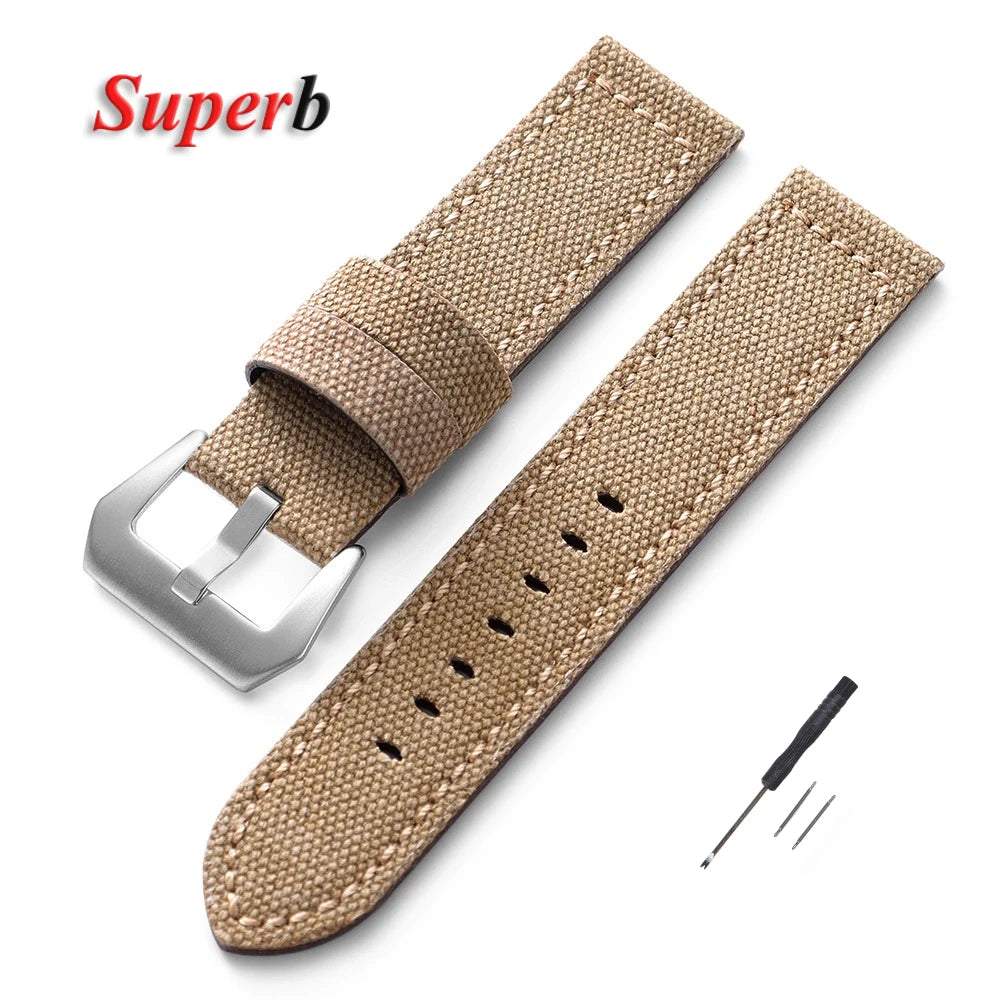 Canvas Leather Watchband for Panerai 20 22 24mm Black Brown Denim Thick Retro Strap Military Watchband Men Women Wristbelt