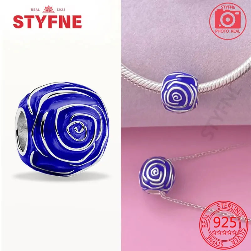 925 Silver Rose Pink Flower Shiny Zircon Charm Beads For Original Charms Original Bracelet for Women DIY fine Jewelry Gift