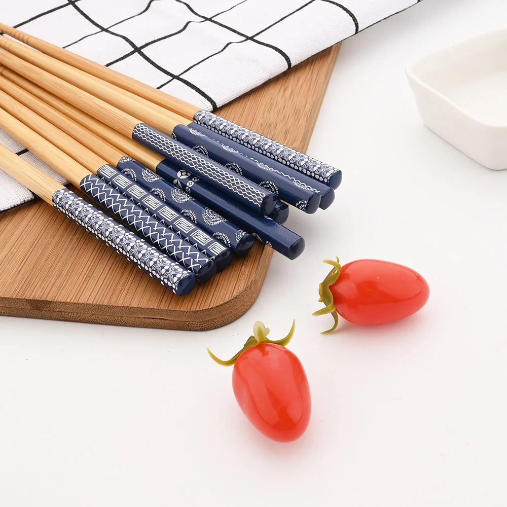 Anti-skid Handmade Bamboo 1Set Portable Reusable Japanese Style Natural Wood Chopsticks Food Blue Wooden Chopsticks Set
