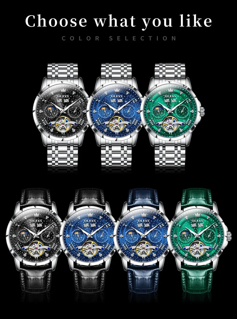 OLEVS 6689 Automatic Watch for Men Starry Sky Tourbillon Design Moon Phase Date Stainless steel Luminous Waterproof Wristwatch