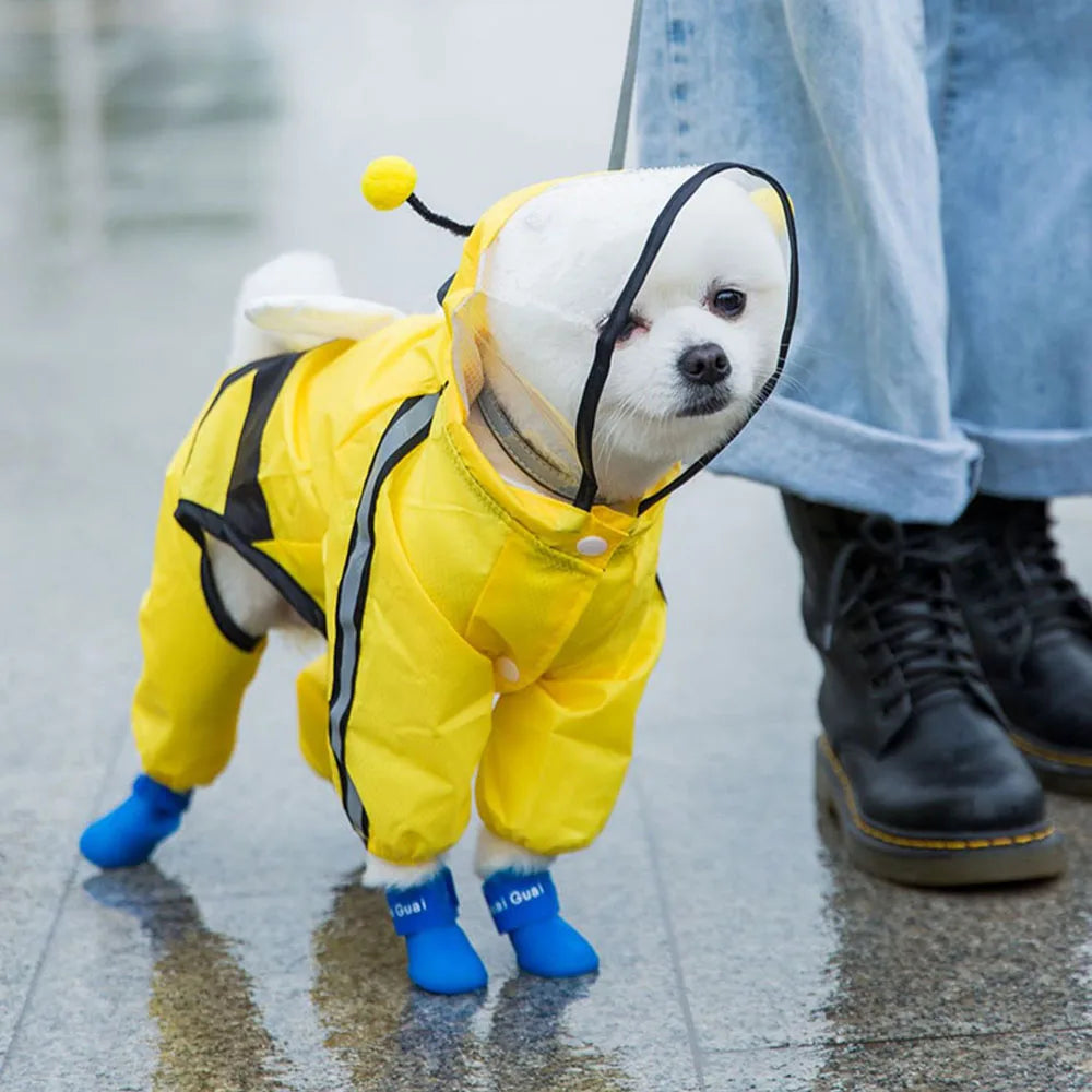Cute Bear Shape Dog Raincoat Puppy Rain Jacket Full Body Coverage with Hat Reflective Double Layered Waterproof Dog Hooded Cloak