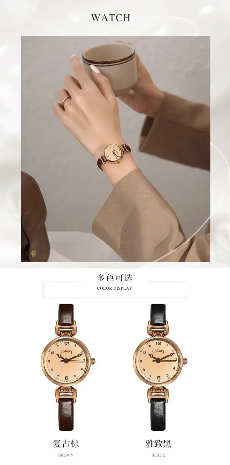 Retro High-end Round Dial Quartz Watches for Women PU Leather Strap Wristwatches Fashion Simple Temperament Girls Watch Gifts