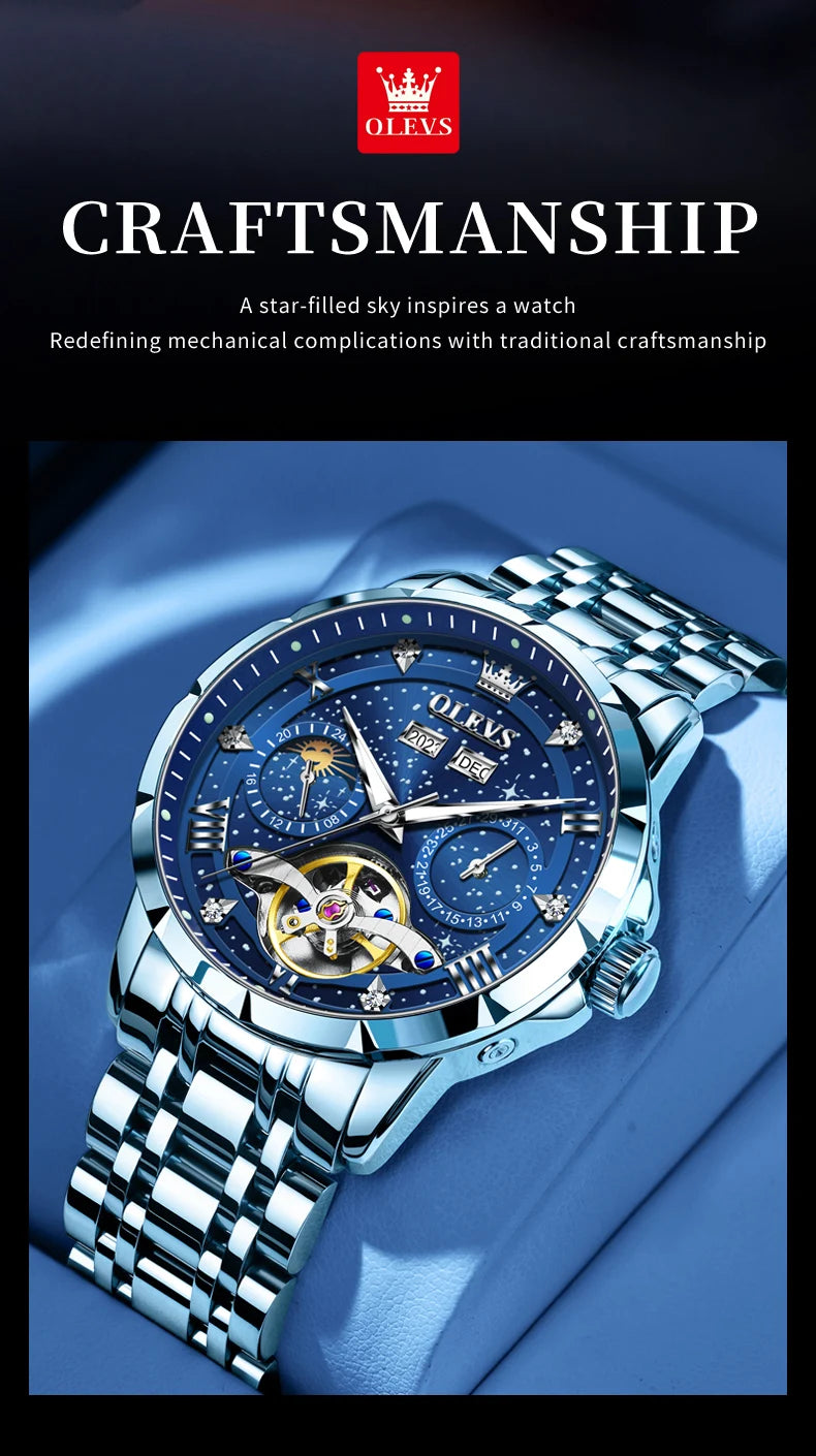 OLEVS 6689 Automatic Watch for Men Starry Sky Tourbillon Design Moon Phase Date Stainless steel Luminous Waterproof Wristwatch