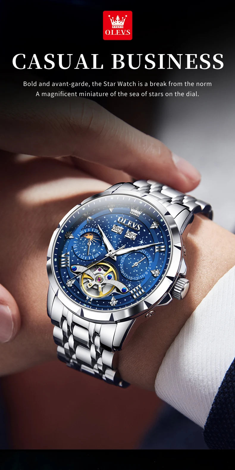 OLEVS 6689 Automatic Watch for Men Starry Sky Tourbillon Design Moon Phase Date Stainless steel Luminous Waterproof Wristwatch