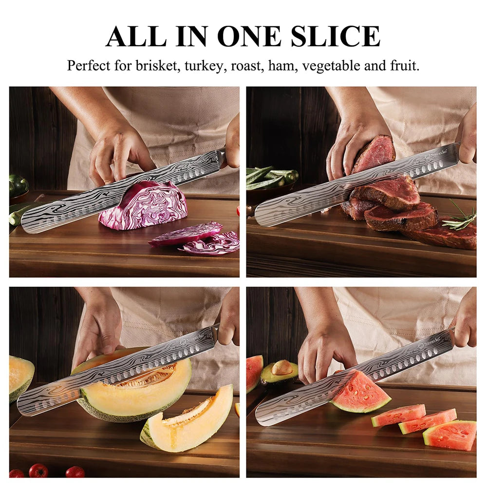Sunnecko Chef's Brisket Slicing Knife 12" High Carbon Stainless Steel Ham Cutting Knife with Sheath Ergonomic Pakkawood Handle
