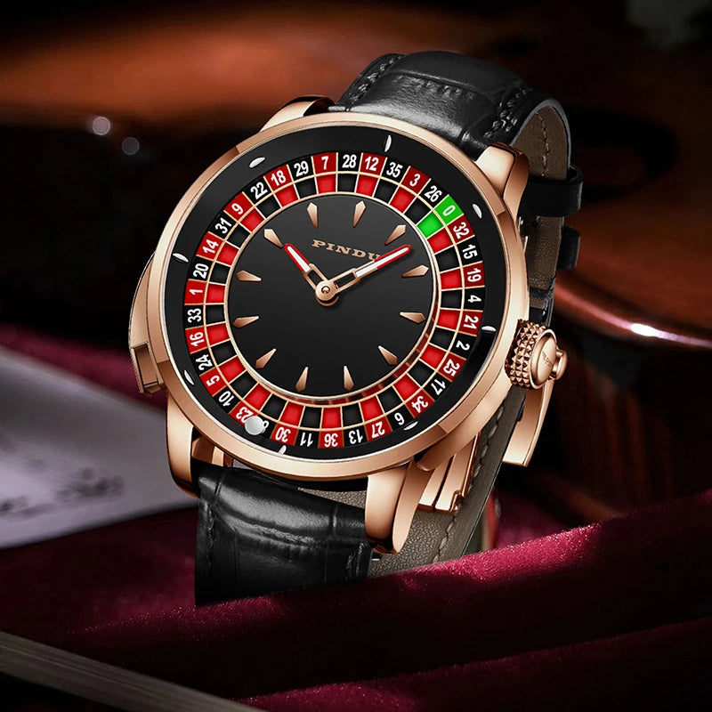 PINDU Players Gambling Series Men's Mechanical Watch European Roulette Poker Game Dial Automatic Movement Design Party Watch