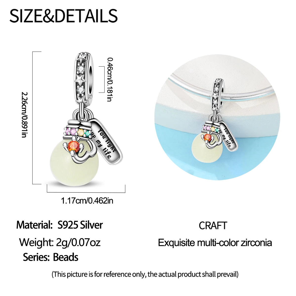 Authentic 925 Sterling Silver Luminous Firefly Charms Bee Light Bulb Beads Ring Earrings Fit Original Bracelets DIY Jewelry Gift