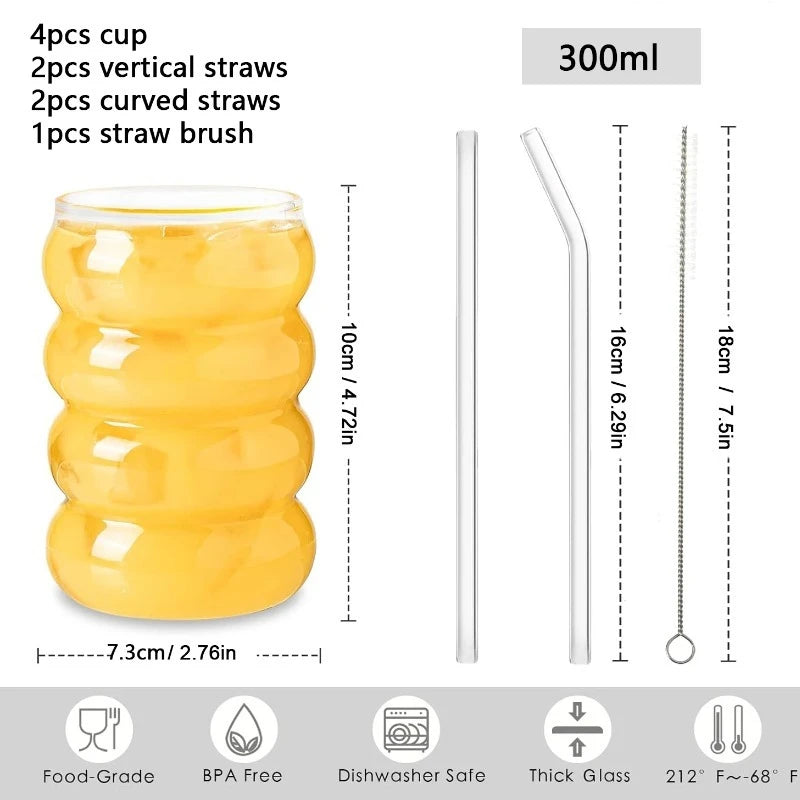 Drinking Glasses Ribbed Glassware Cups with Straws Set Cocktail Fruit Glass Drinkware Creative Glass Cups Coffee Mug Clear