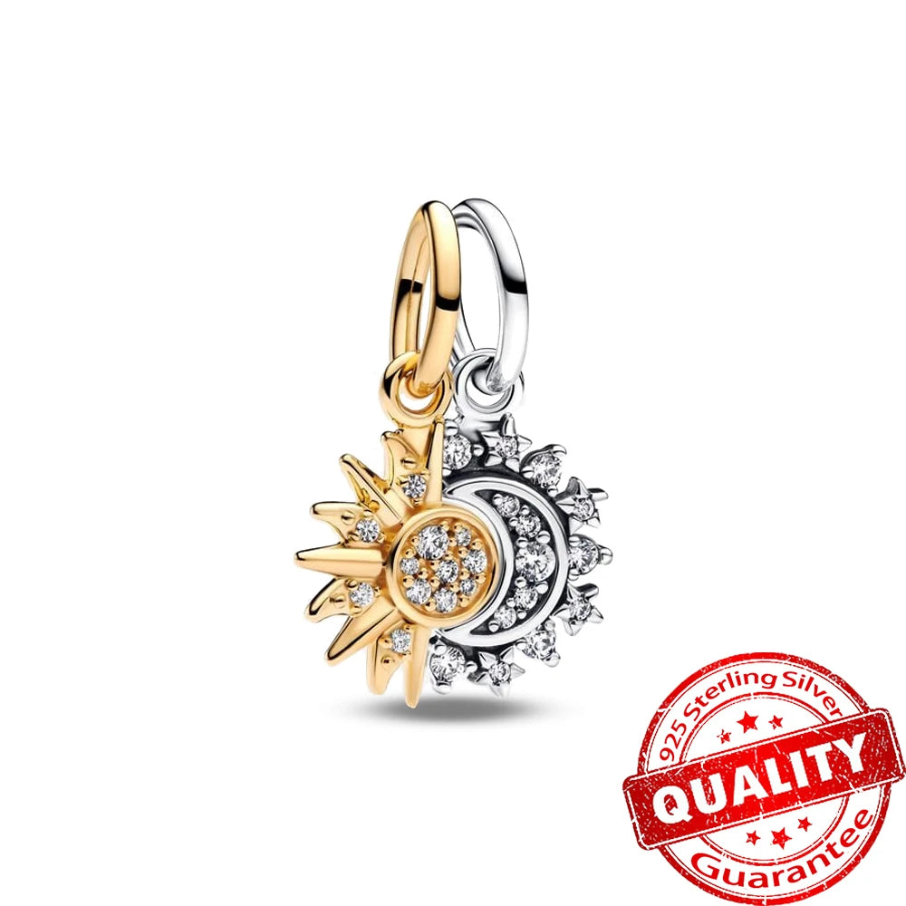 New 925 Sterling Silver Two Tone Golden Sunflower Lucky Stars Charm Fit Bracelet & Necklace Sun Moon Diamond Charm Jewelry DIY