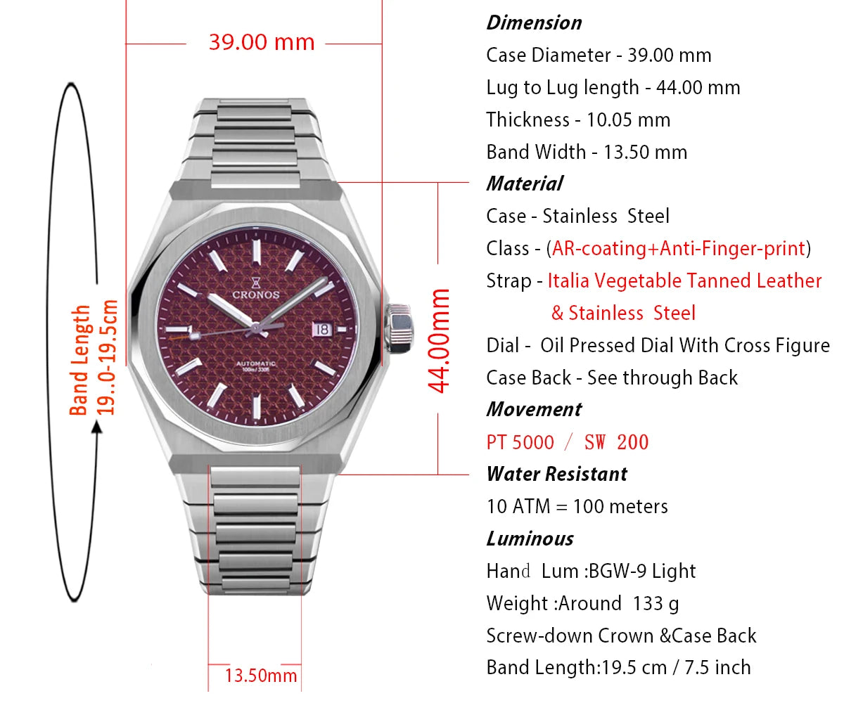 Cronos Luxury Men Watch For Men 39mm Skyline PT5000 SW200 Movement Automatic Wristwatches Sapphire 10ATM See-through Back L6028M