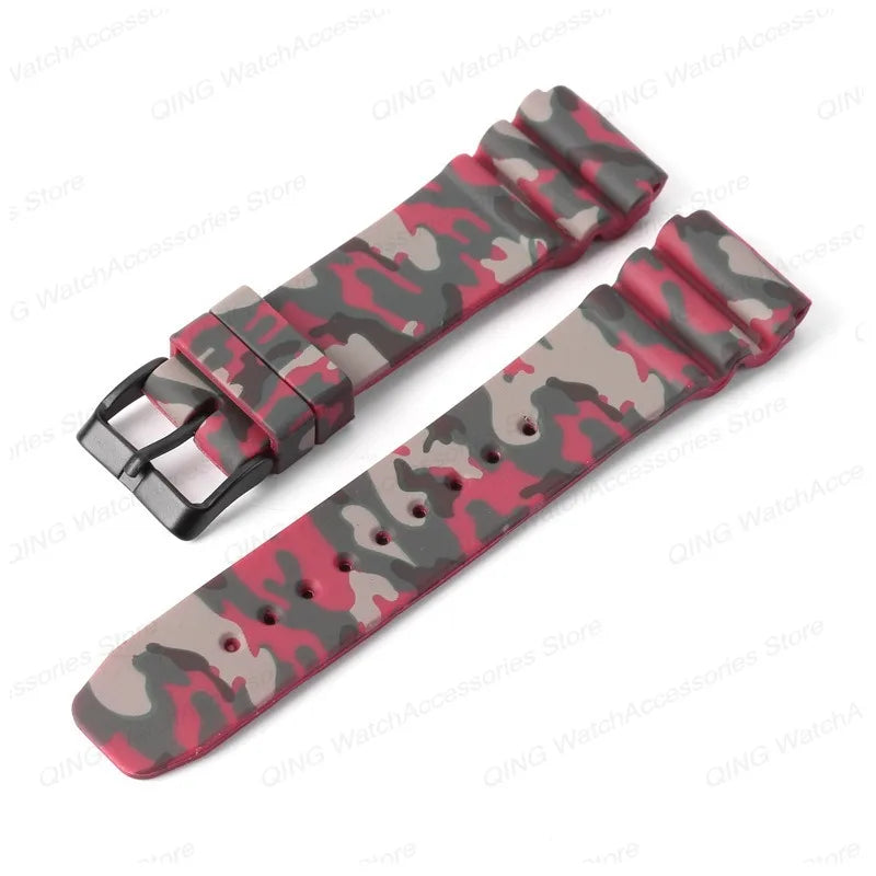 Camouflage-patterned watch strap with black buckle on a white background