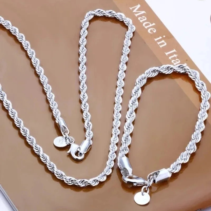 16-24inch For Women Men Beautiful Fashion 925 Sterling Silver Charm 4MM Rope Chain Necklace Fit Pendant High Quality Jewelry