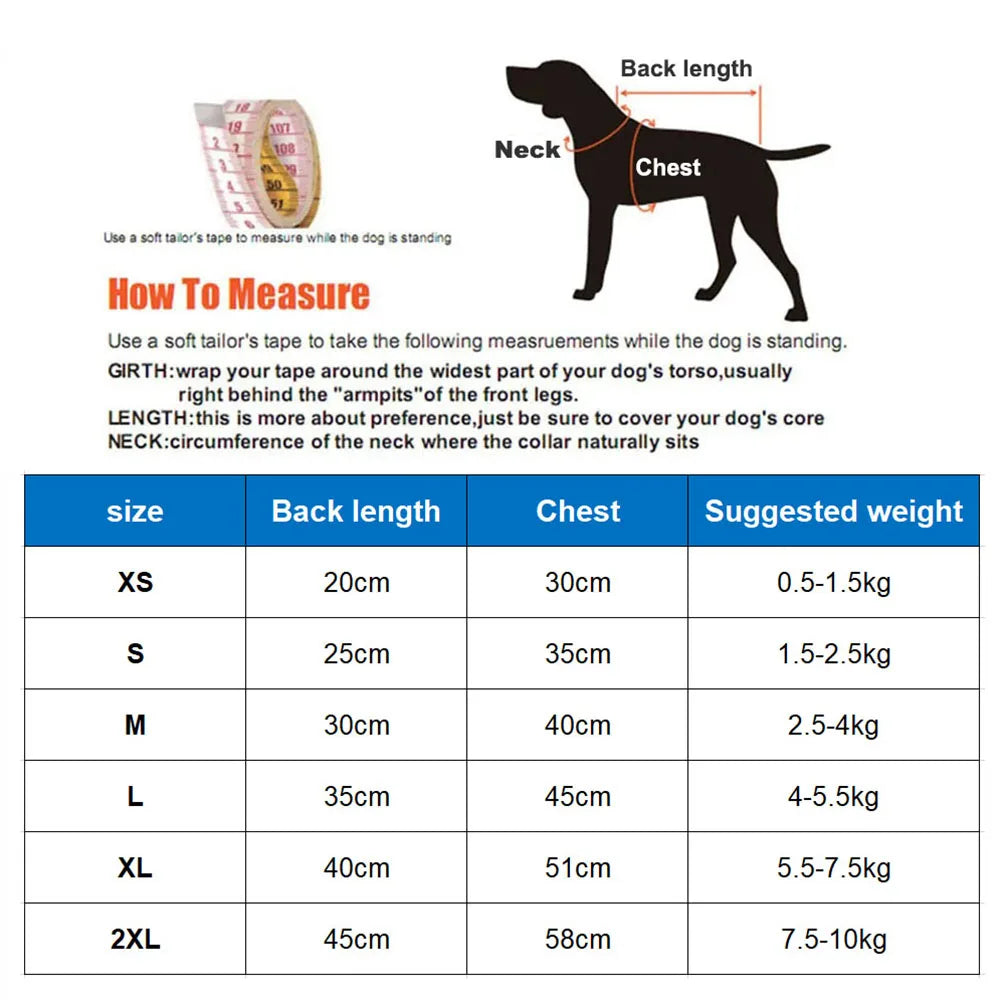 Dog size chart with measurement guide and suggested weight for different sizes.