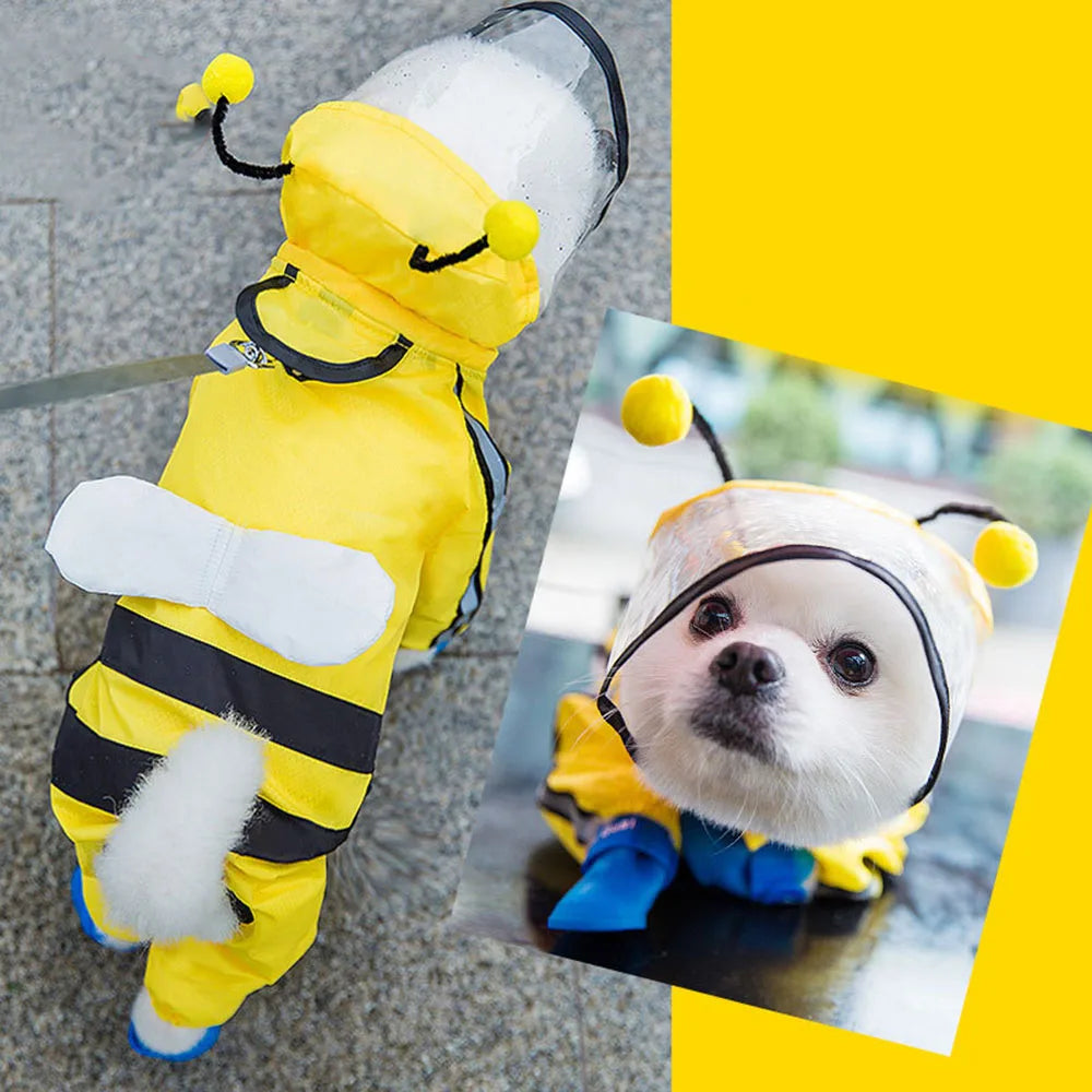 Cute Bear Shape Dog Raincoat Puppy Rain Jacket Full Body Coverage with Hat Reflective Double Layered Waterproof Dog Hooded Cloak