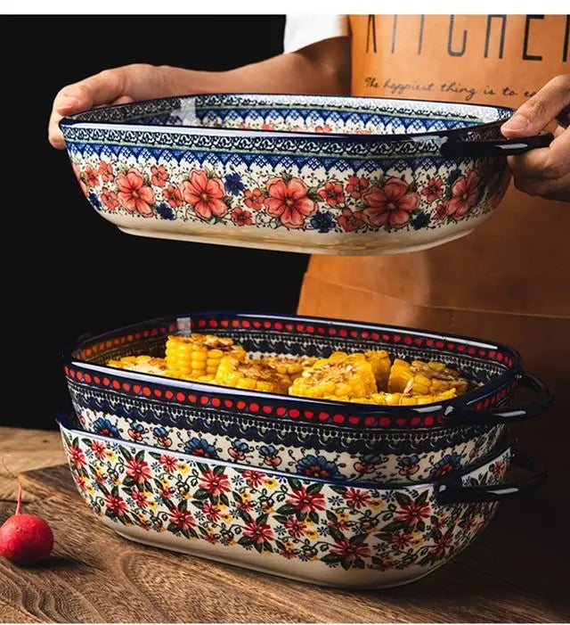 Polish style ceramic baking tray tableware oven microwave oven large bowl salad fruit cake rectangular plate party decoration