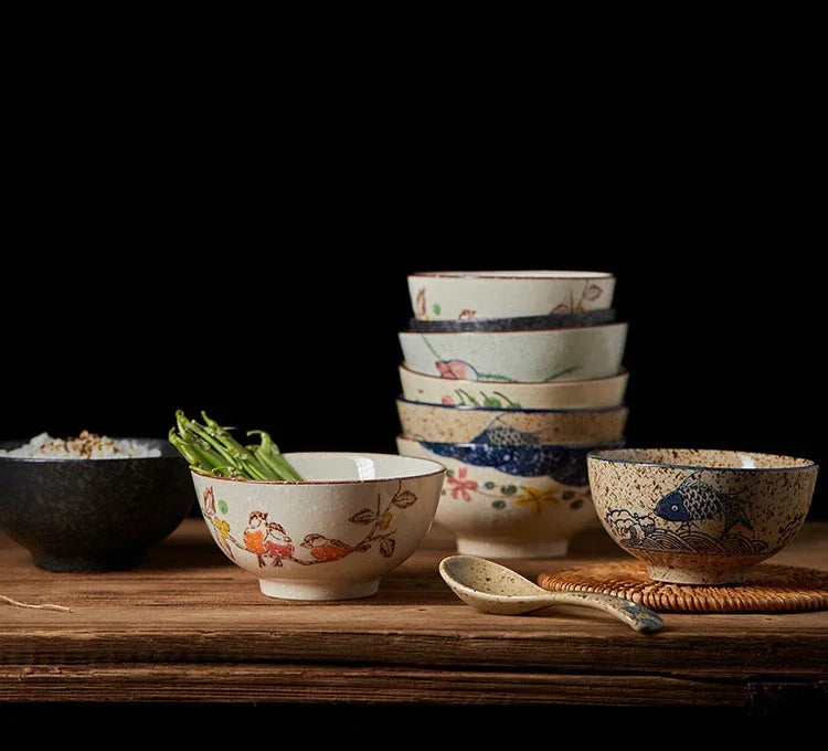 4.5-inch Ceramic Household Rice Bowl Japanese Retro Restaurant Home Tableware Eating Dishes Soup Bowl