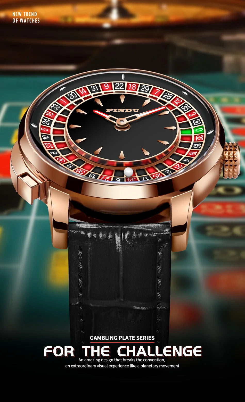 PINDU Players Gambling Series Men's Mechanical Watch European Roulette Poker Game Dial Automatic Movement Design Party Watch