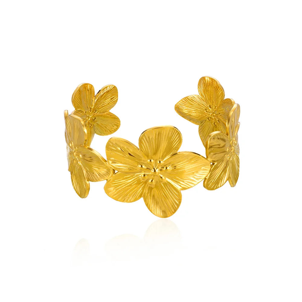 Flower Chunky Opening Bangles For Women Waterproof Stainless Steel Flowers Wide Bracelet Party Wedding Hand Jewelry Elegant Gift