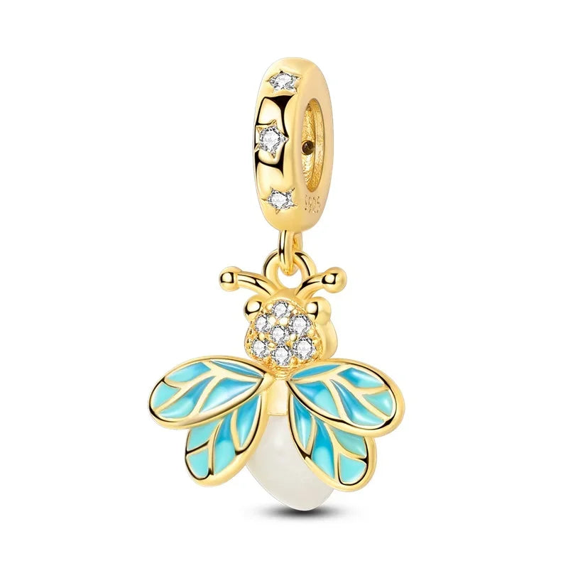 Authentic 925 Sterling Silver Luminous Firefly Charms Bee Light Bulb Beads Ring Earrings Fit Original Bracelets DIY Jewelry Gift
