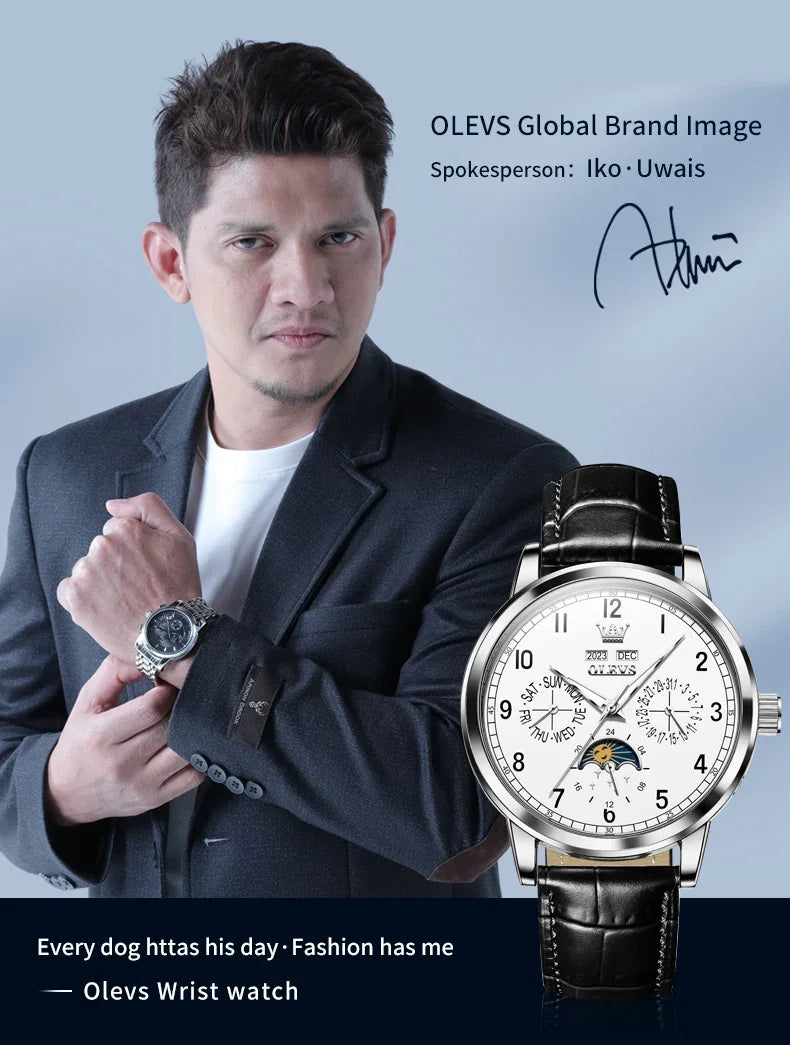 Olevs 6698 automatic watch luxury leather strap calendar waterproof luminous moon phase mechanical watch men