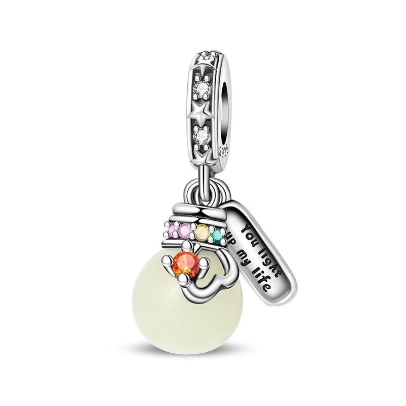Authentic 925 Sterling Silver Luminous Firefly Charms Bee Light Bulb Beads Ring Earrings Fit Original Bracelets DIY Jewelry Gift