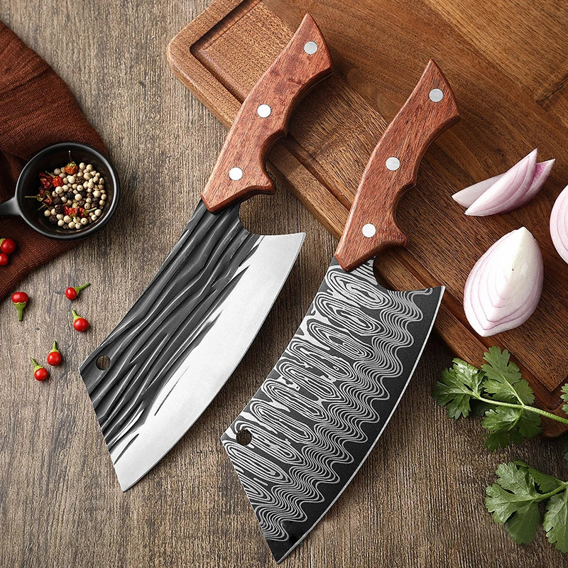 Forged Kitchen Chef Knives Laser Pattern High Carbon Clad Steel Meat Fish Fruit Vegetables Slicing Butcher Cleaver Knife