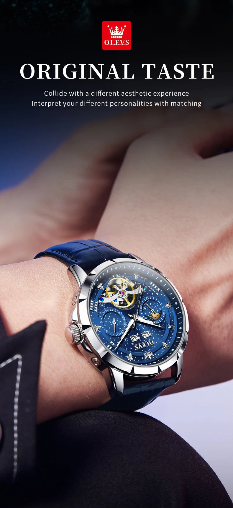 OLEVS 6689 Automatic Watch for Men Starry Sky Tourbillon Design Moon Phase Date Stainless steel Luminous Waterproof Wristwatch