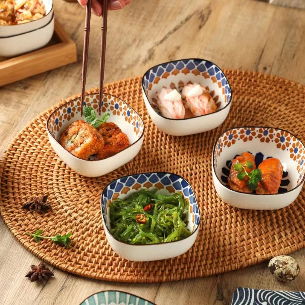 Bohemian style ceramic bowl household sauce bowl small square bowl Japanese snack bowl creative pickle dish