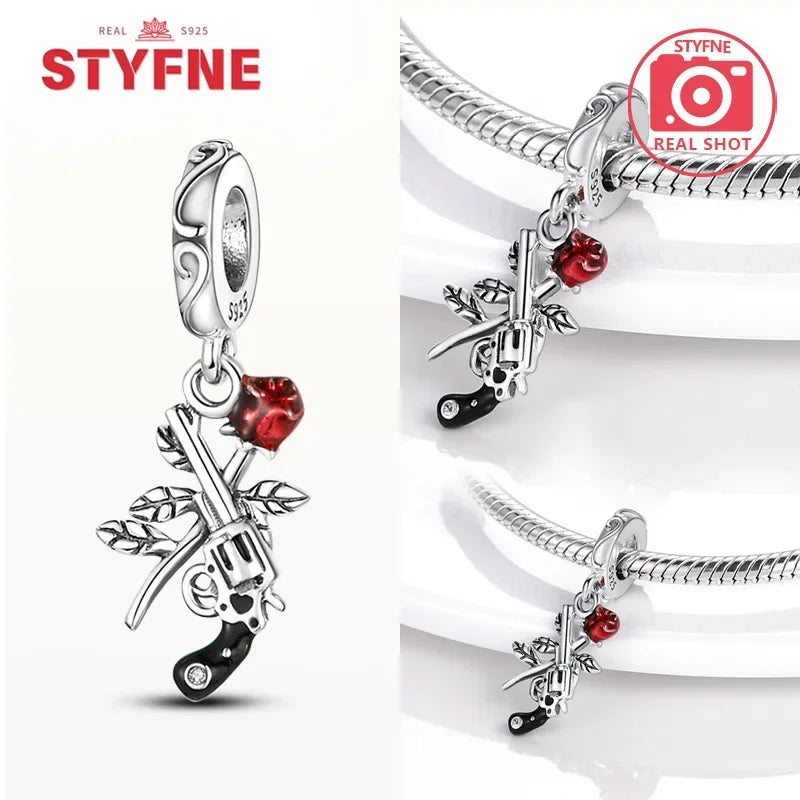 925 Silver Rose Pink Flower Shiny Zircon Charm Beads For Original Charms Original Bracelet for Women DIY fine Jewelry Gift