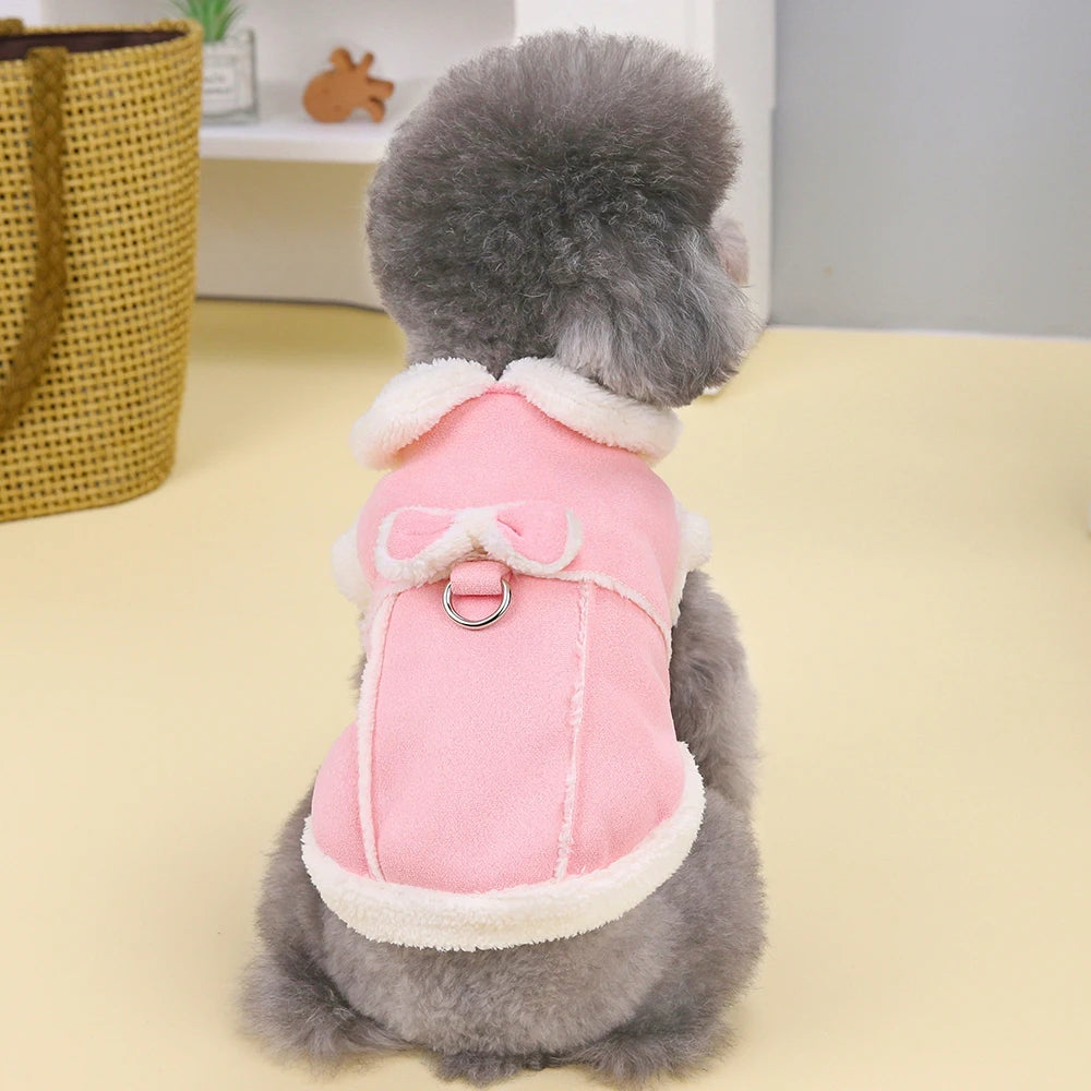 Cozy Winter Dog Jacket with Bow - Warm Plush Coat for Small Dogs