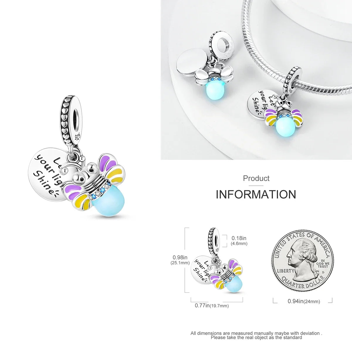 Authentic 925 Sterling Silver Luminous Firefly Charms Bee Light Bulb Beads Ring Earrings Fit Original Bracelets DIY Jewelry Gift