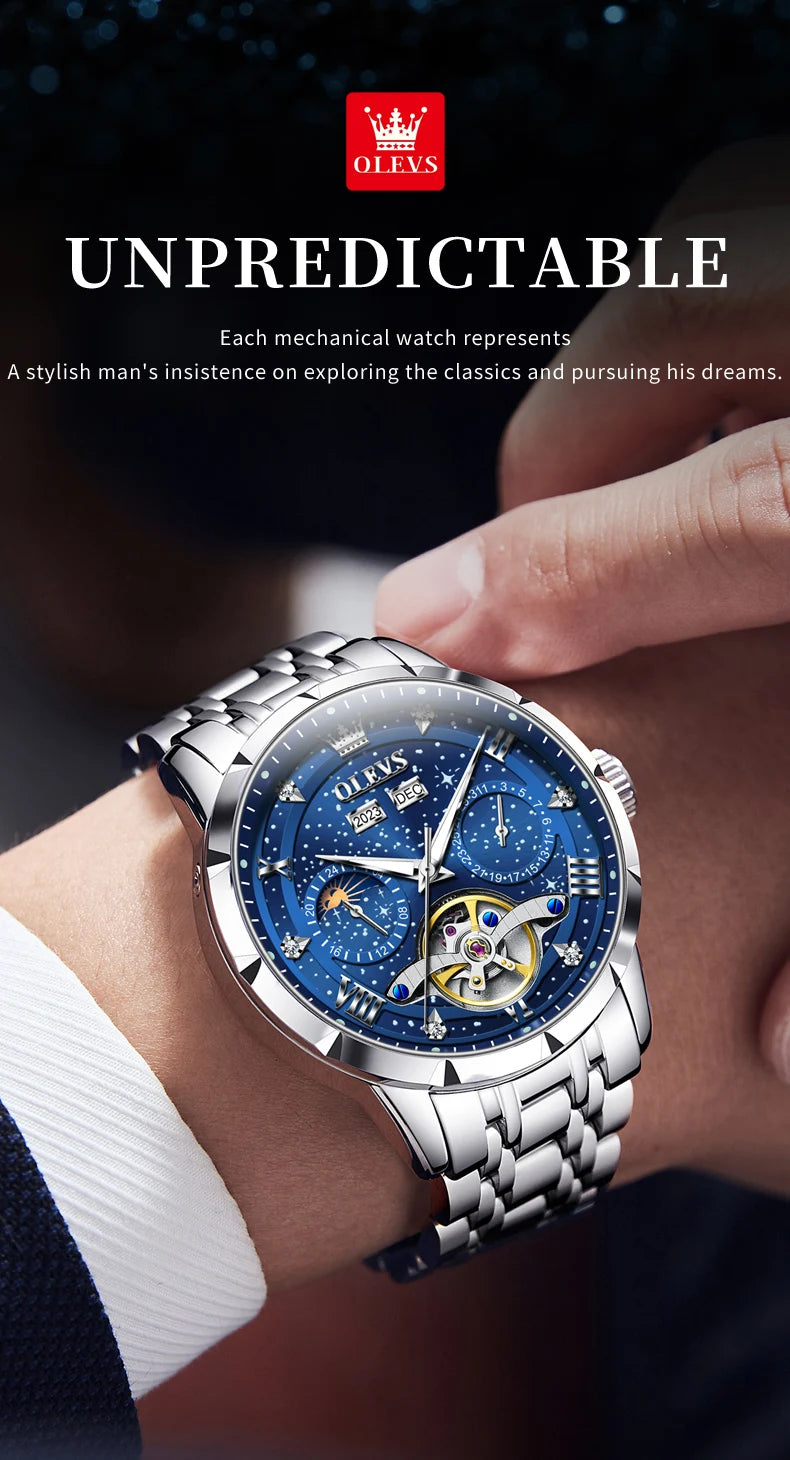 OLEVS 6689 Automatic Watch for Men Starry Sky Tourbillon Design Moon Phase Date Stainless steel Luminous Waterproof Wristwatch