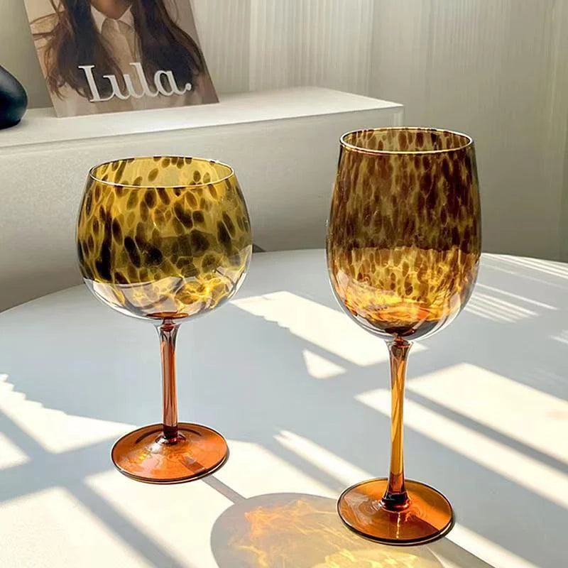 Wine Glass Vintage Leopard Print Glass Cup Burgundy Bordeaux Art Goblet Cocktail Whisky Wine Drinkware Home Kitchen Accessories