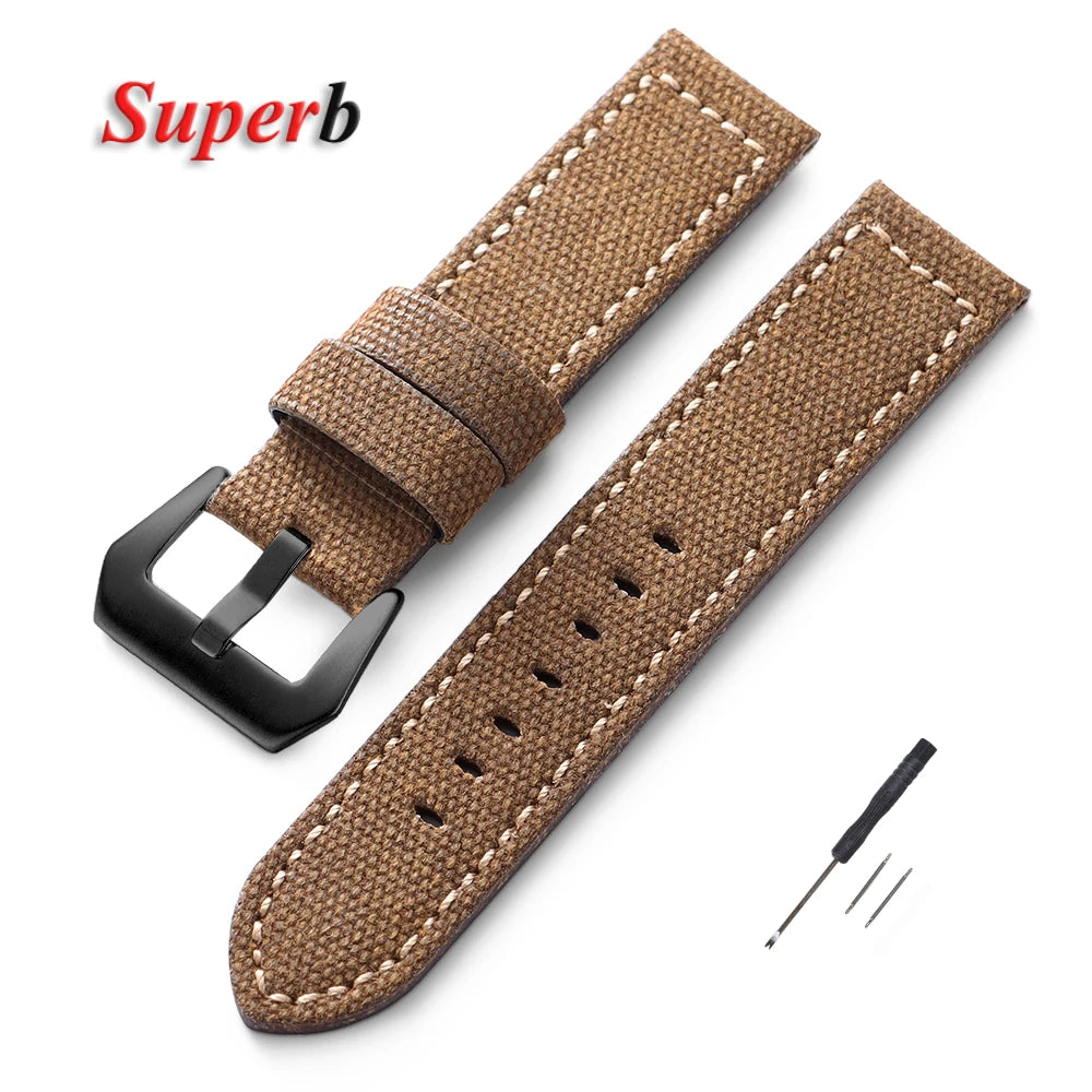 Canvas Leather Watchband for Panerai 20 22 24mm Black Brown Denim Thick Retro Strap Military Watchband Men Women Wristbelt