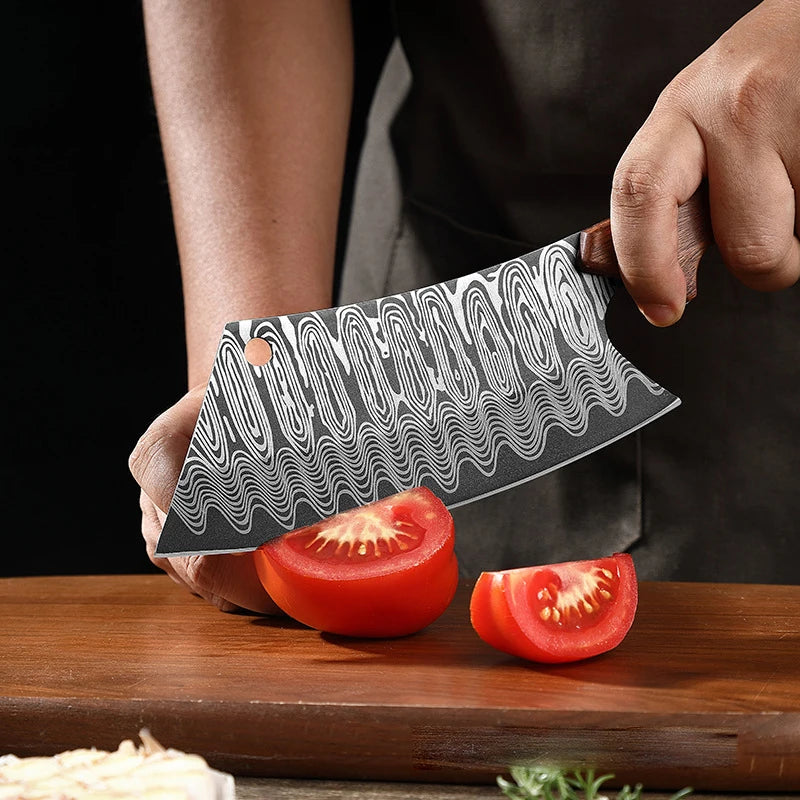 Forged Kitchen Chef Knives Laser Pattern High Carbon Clad Steel Meat Fish Fruit Vegetables Slicing Butcher Cleaver Knife