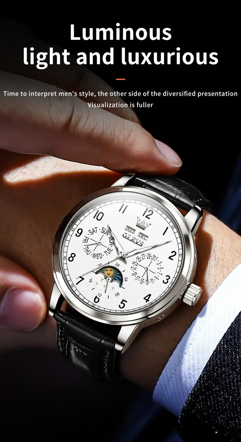 Olevs 6698 automatic watch luxury leather strap calendar waterproof luminous moon phase mechanical watch men