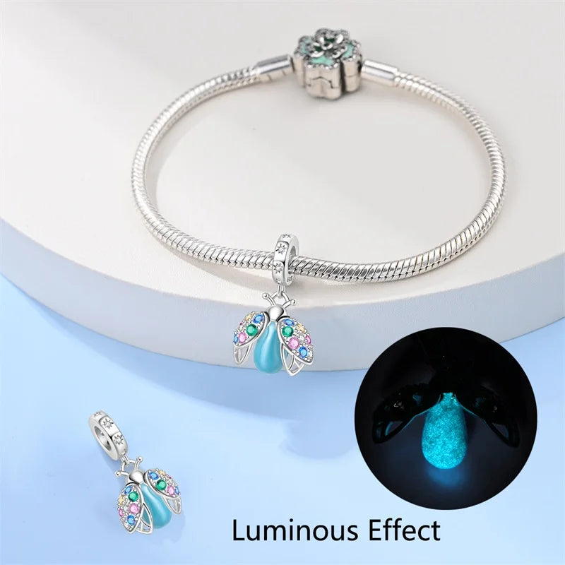100% 925 Sterling Silver Creative Blue Luminous Firefly Charms Pendants Fit Qikaola 925 Original Bracelets DIY Birthday Jewelry