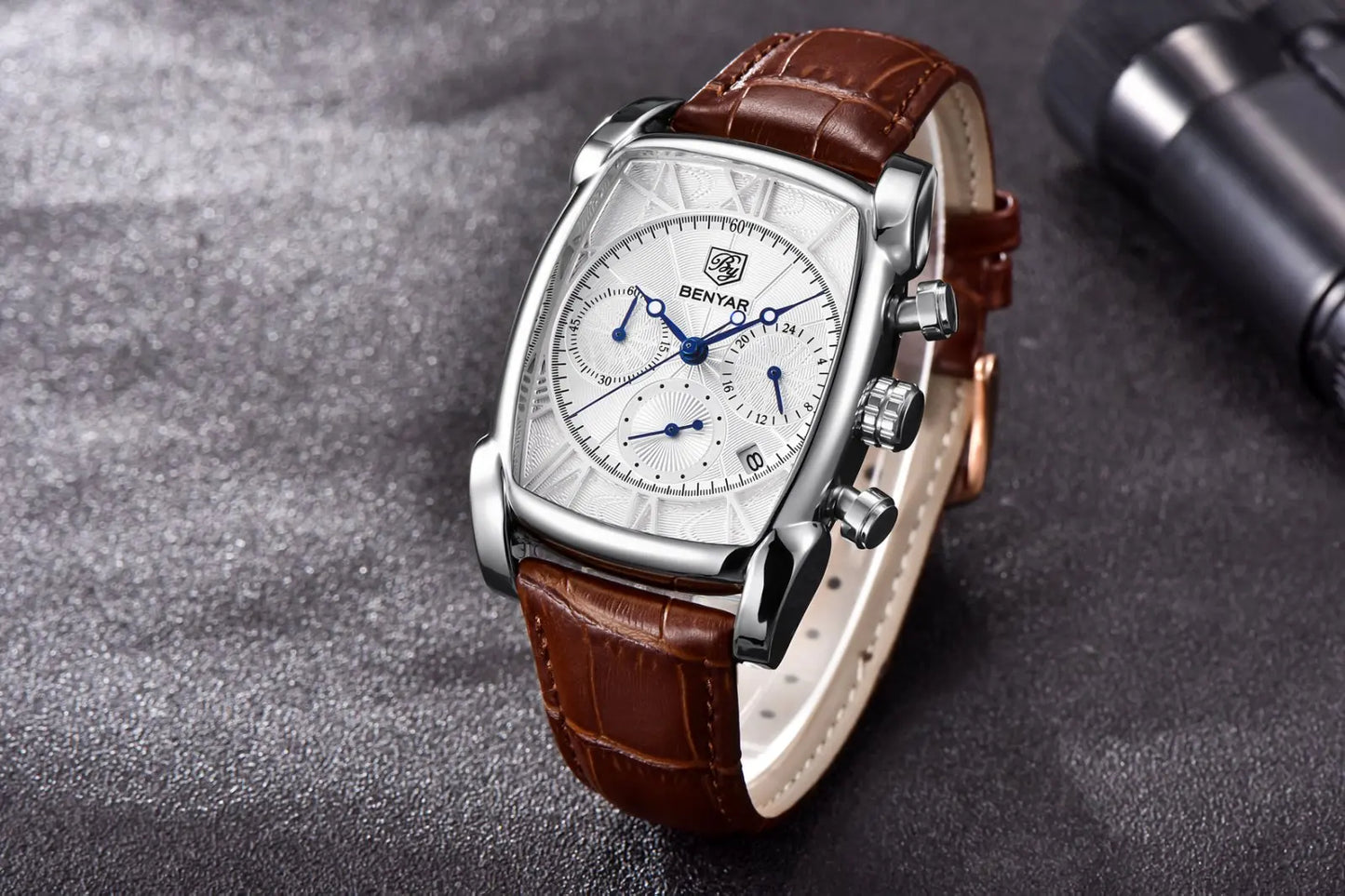 Relogio Masculino Mens Watches Top Luxury Brand BENYAR Chronograph Leather Quartz Watch Men Military Sport Rectangle Wristwatch