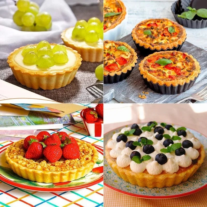 6pcs Round Square 4 Inch Molds with Removable Bottom Non-Stick Tart Quiche Flan Pan Carbon Steel Cake Baking Form Bakeware Tool