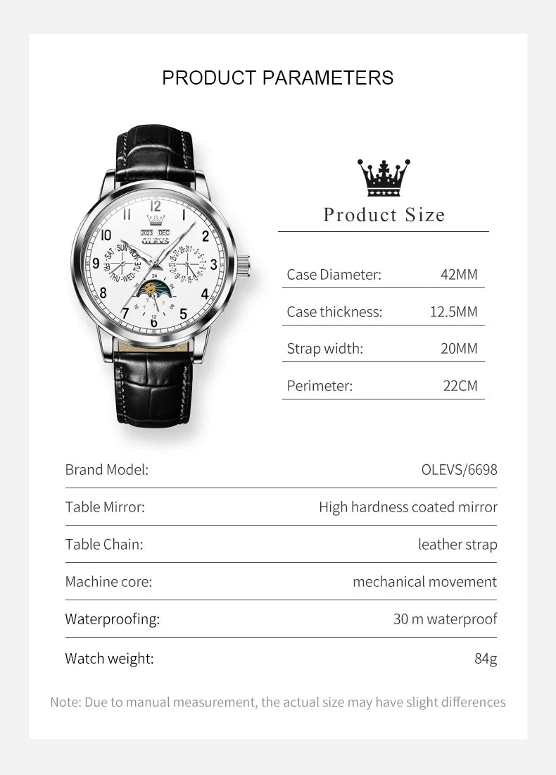 Olevs 6698 automatic watch luxury leather strap calendar waterproof luminous moon phase mechanical watch men