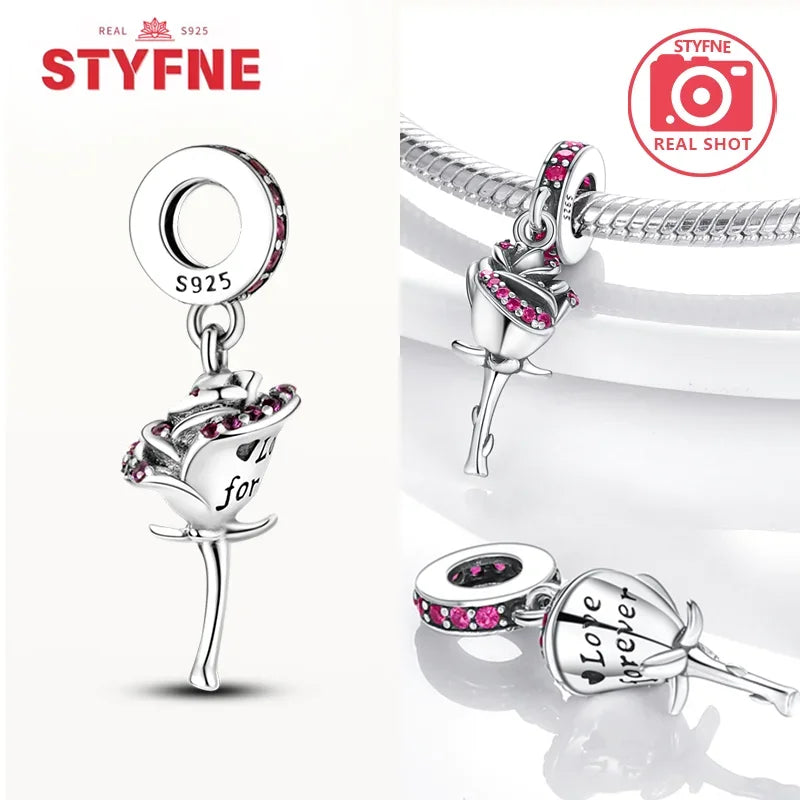 925 Silver Rose Pink Flower Shiny Zircon Charm Beads For Original Charms Original Bracelet for Women DIY fine Jewelry Gift