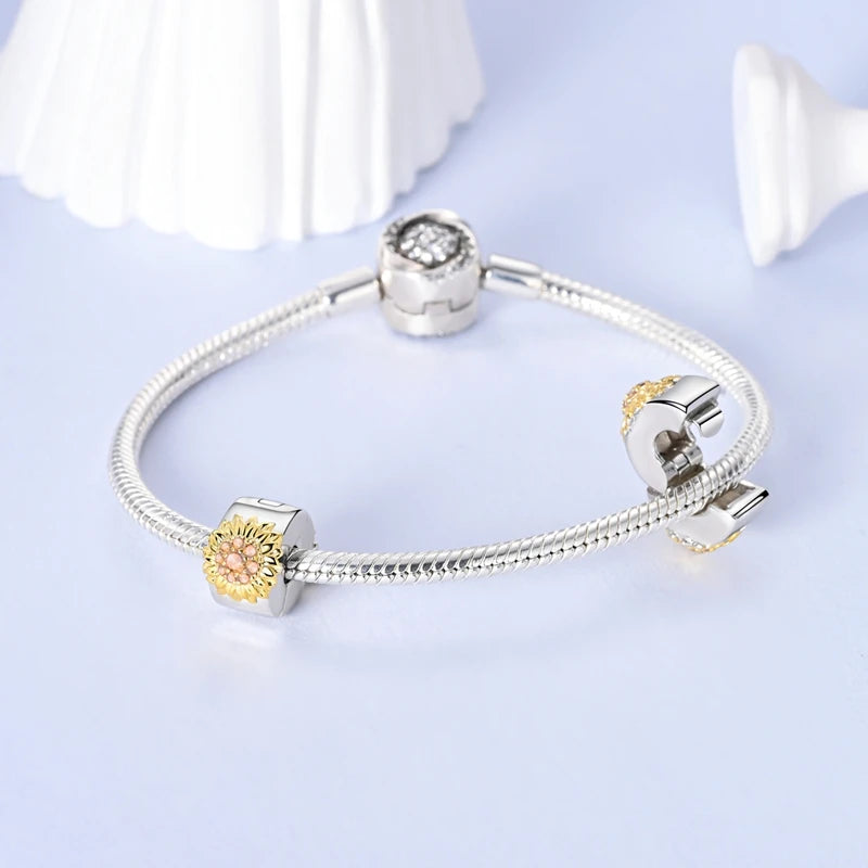 New 925 Sterling Silver Two Tone Golden Sunflower Lucky Stars Charm Fit Bracelet & Necklace Sun Moon Diamond Charm Jewelry DIY