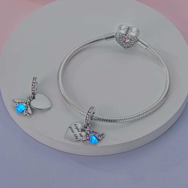 100% 925 Sterling Silver Creative Blue Luminous Firefly Charms Pendants Fit Qikaola 925 Original Bracelets DIY Birthday Jewelry