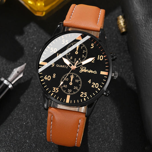 Watch with brown leather strap and black dial on a dark textured background