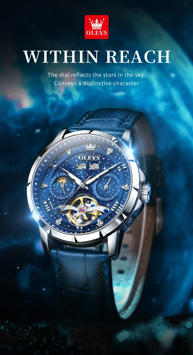 OLEVS 6689 Automatic Watch for Men Starry Sky Tourbillon Design Moon Phase Date Stainless steel Luminous Waterproof Wristwatch