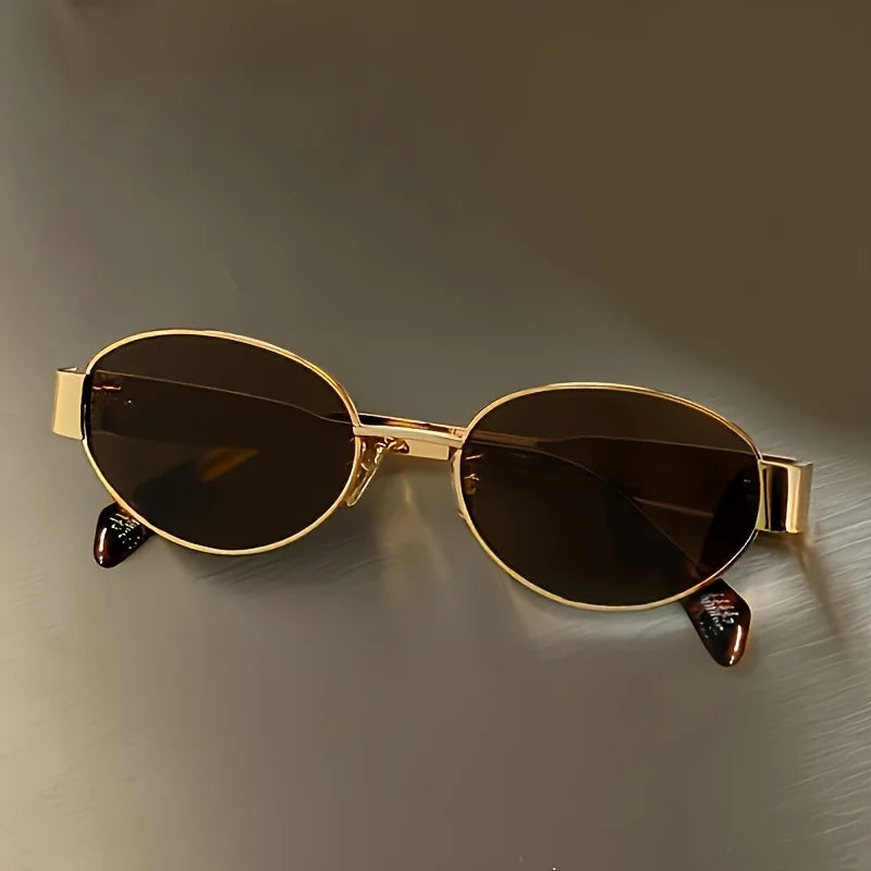 Metallic high-end full-sided oval-shaped sunglasses, a retro, simple and fashionable daily wear item
