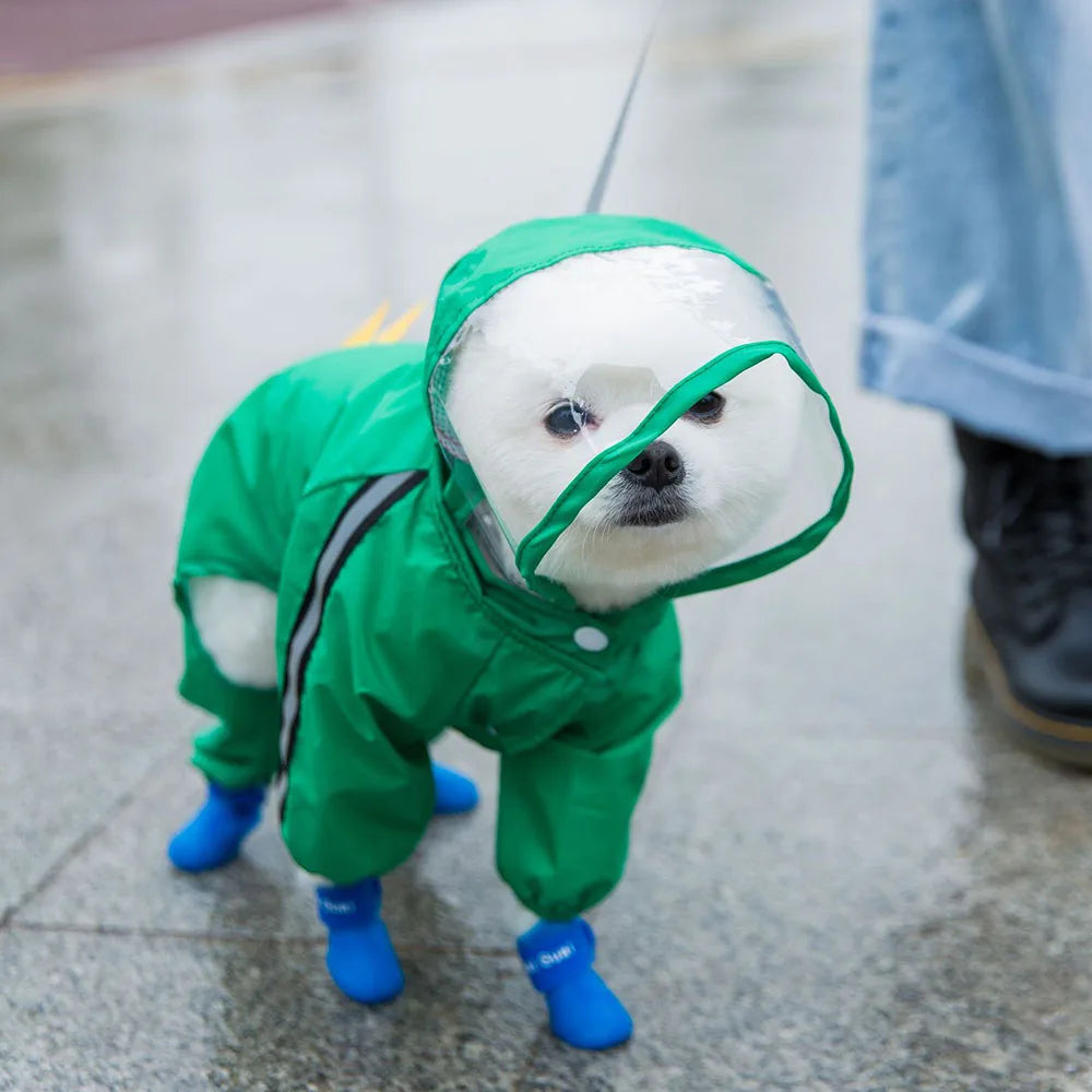 Cute Bear Shape Dog Raincoat Puppy Rain Jacket Full Body Coverage with Hat Reflective Double Layered Waterproof Dog Hooded Cloak