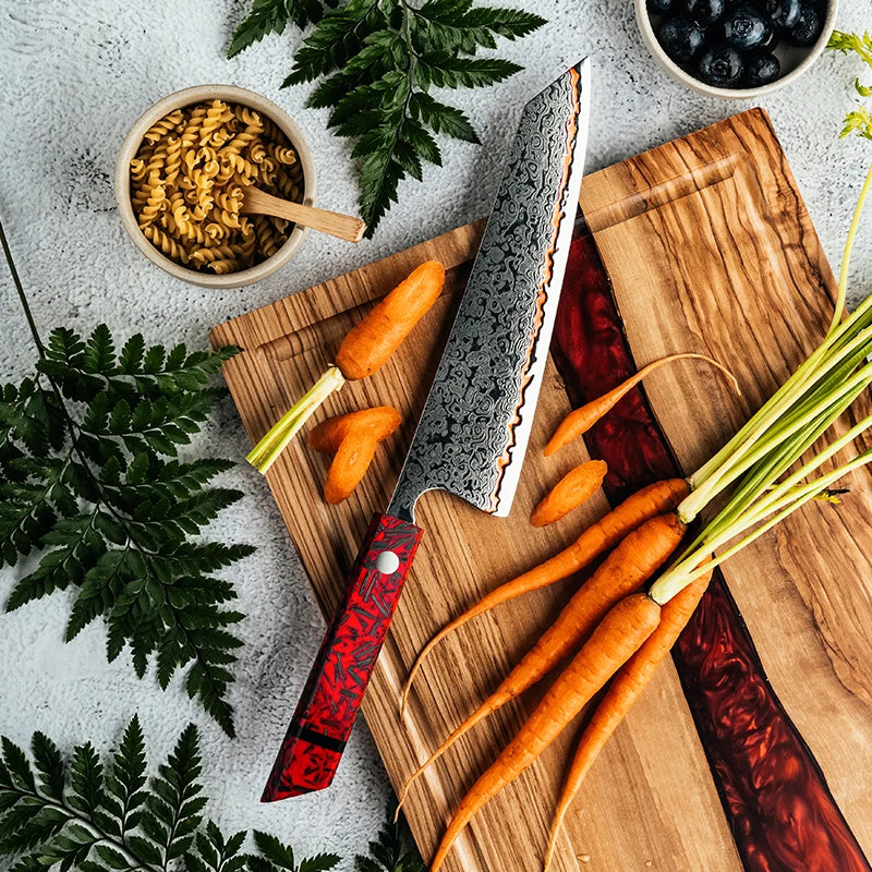 Grandsharp 55 Layers Copper Damascus Steel 8 Inch Kiritsuke Knife Red Resin + Carbon Fiber Handle Meat Vegetables Chef's Knives